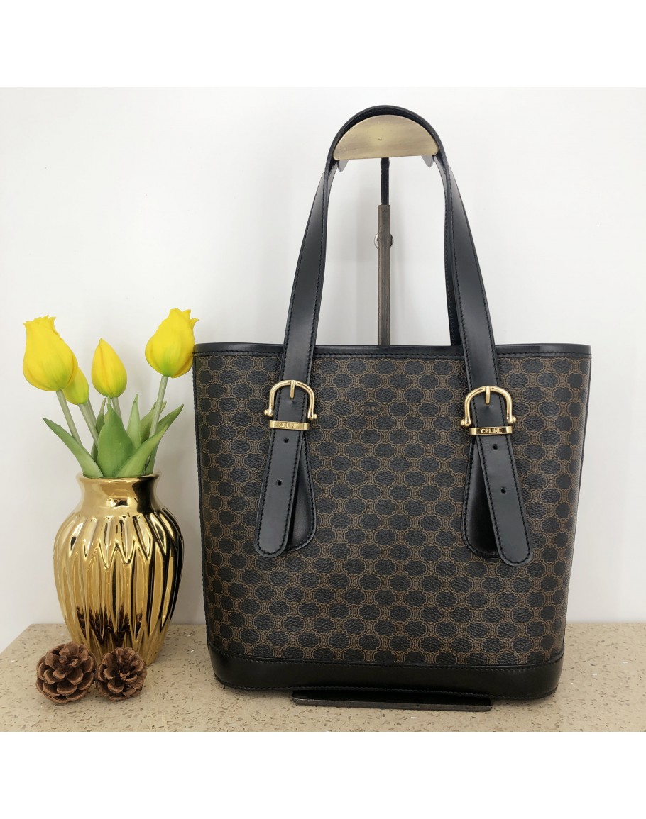 CELINE Vintage Black Macadam Monogram Tote Bag GHW